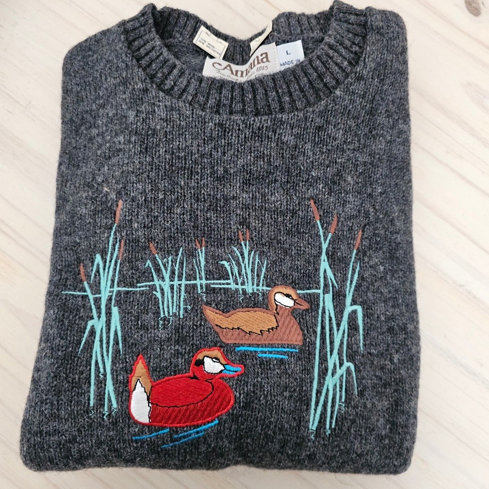Amana Men's Grey Wool‎ Blend Duck Embroidered Fair Isle Vintage Sweater L USA